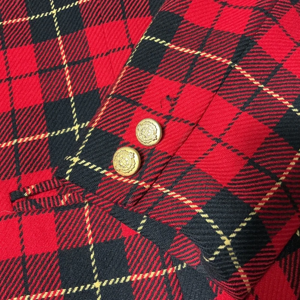Pendleton Blazer Women 8 Red Black Plaid Wool‎ Classic Gold Button Made in USA